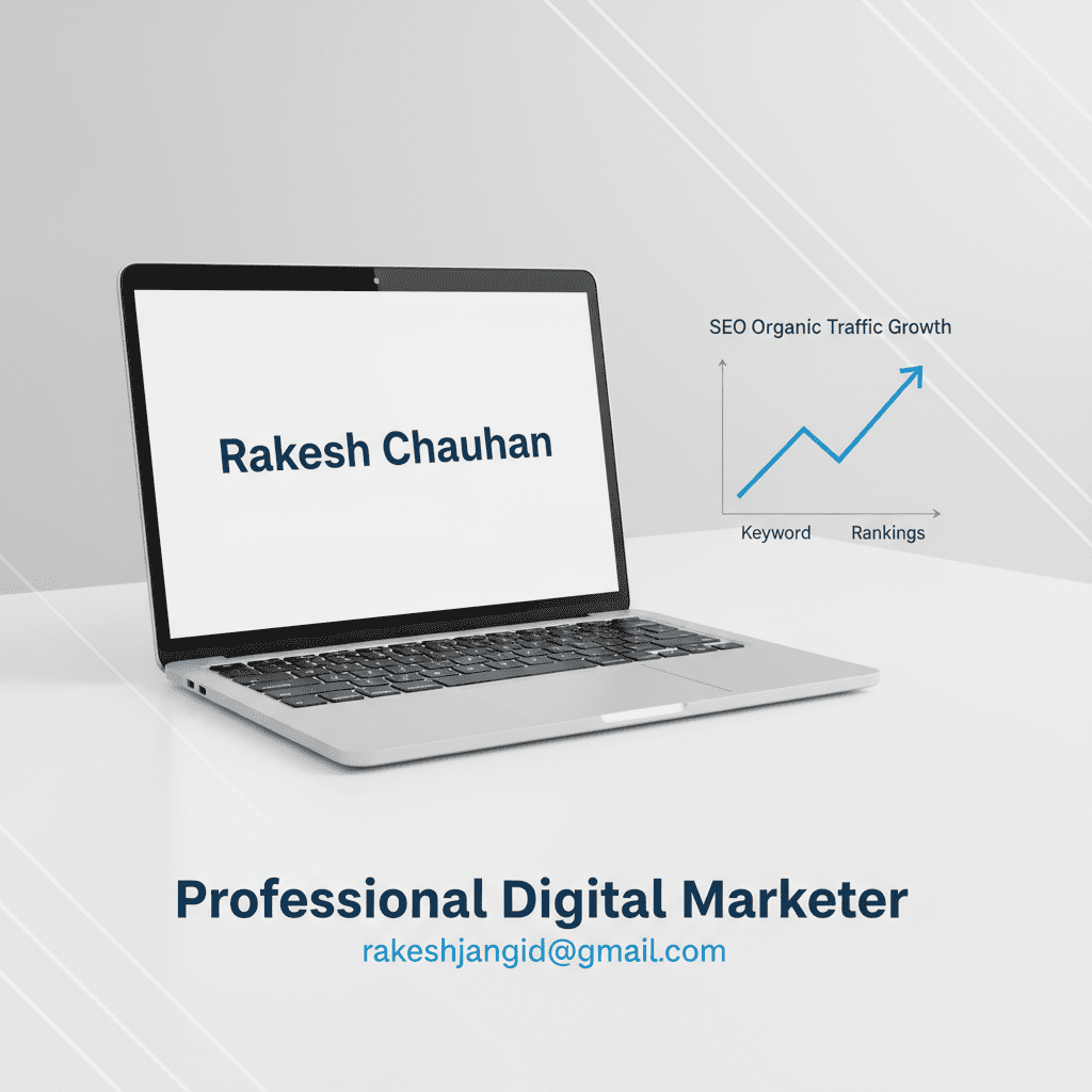 Professional digital marketer Rakesh Chauhan portfolio banner featuring a laptop screen with his name, an SEO organic traffic growth chart, and contact email rakeshjangid@gmail.com on a clean white desk